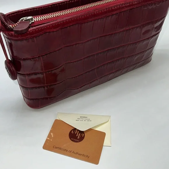 🌹MONSAC SCARLET RED CROCODILE EMBOSSED LEATHER SHOULDER BAG - Picture 5 of 17